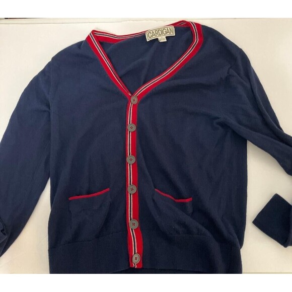 CARDIGAN 100% Merino Wool Men's Cardigan Navy Blue Red Stripe Button Sweater M - Picture 5 of 11